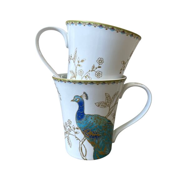 222 Fifth Peacock Garden Porcelain Mug Set of 4 Teal Gold Floral Scroll NEW - Picture 7 of 16